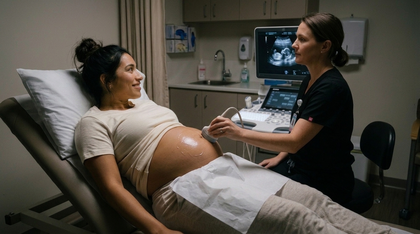 A smiling pregnant woman reclines on an examination couch while a sonographer scans her bump, with an ultrasound image of the baby on the screen behind.