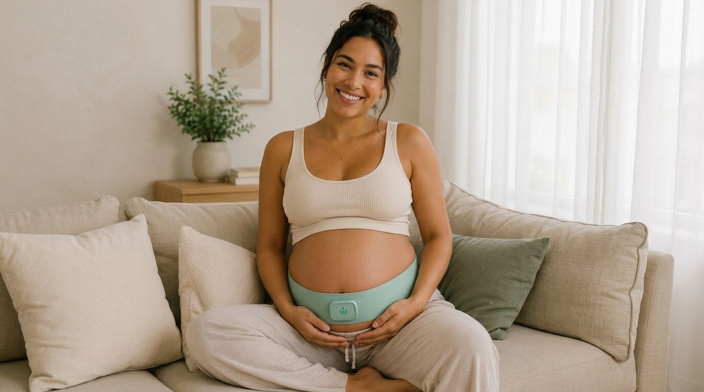 A pregnant person sitting on a couch